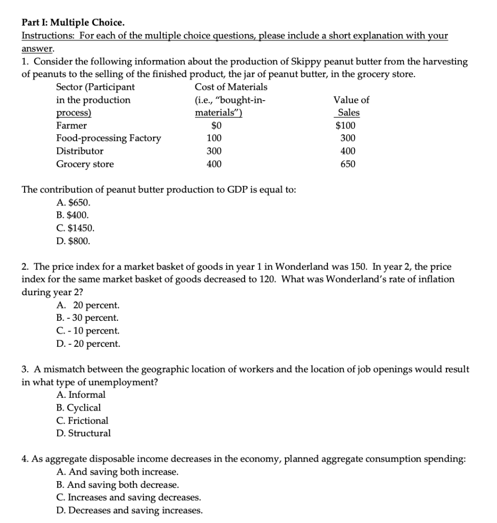 Solved Part I Multiple Choice Instructions For Each Of Chegg