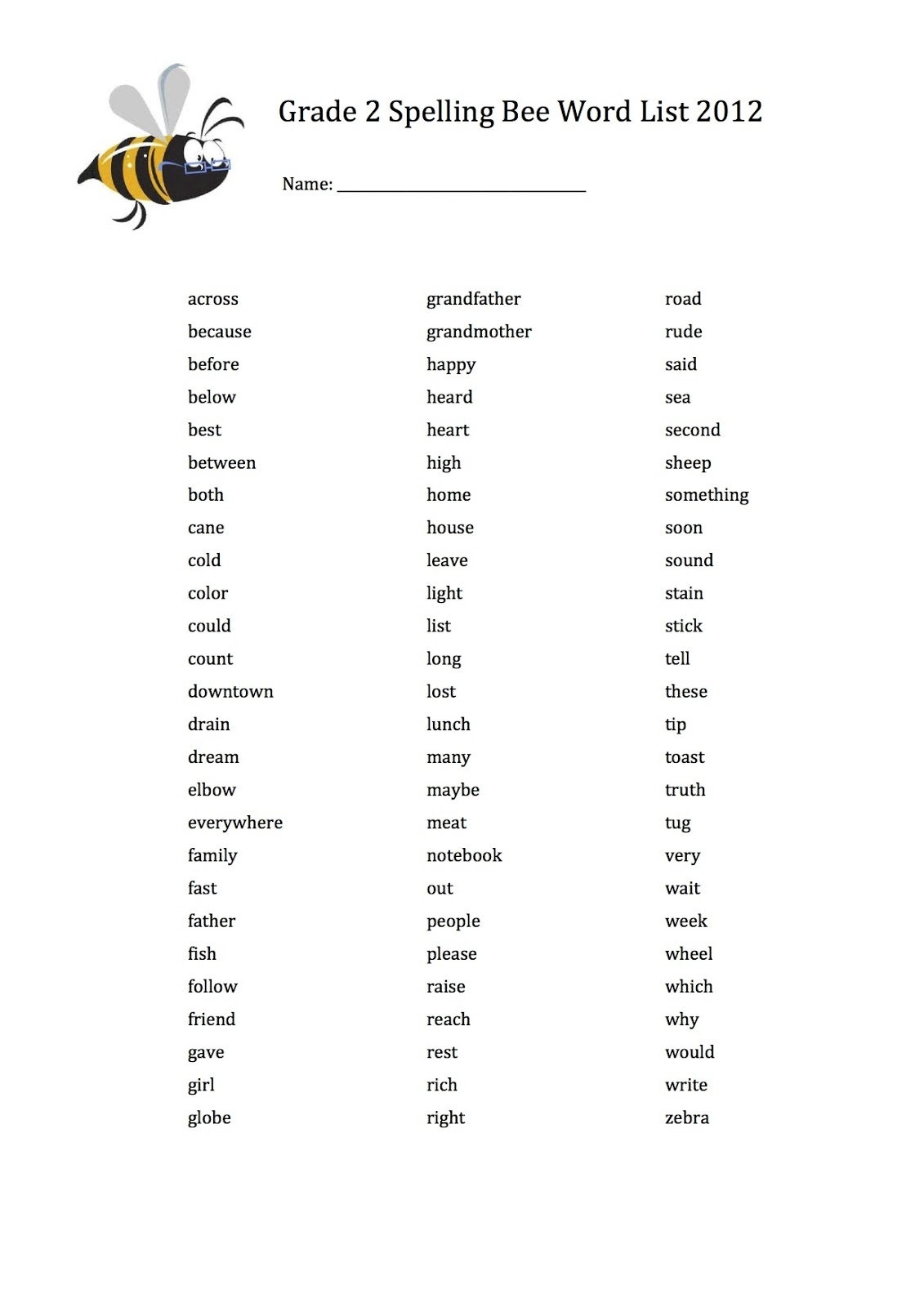 Spelling Bee Words For 1st Graders