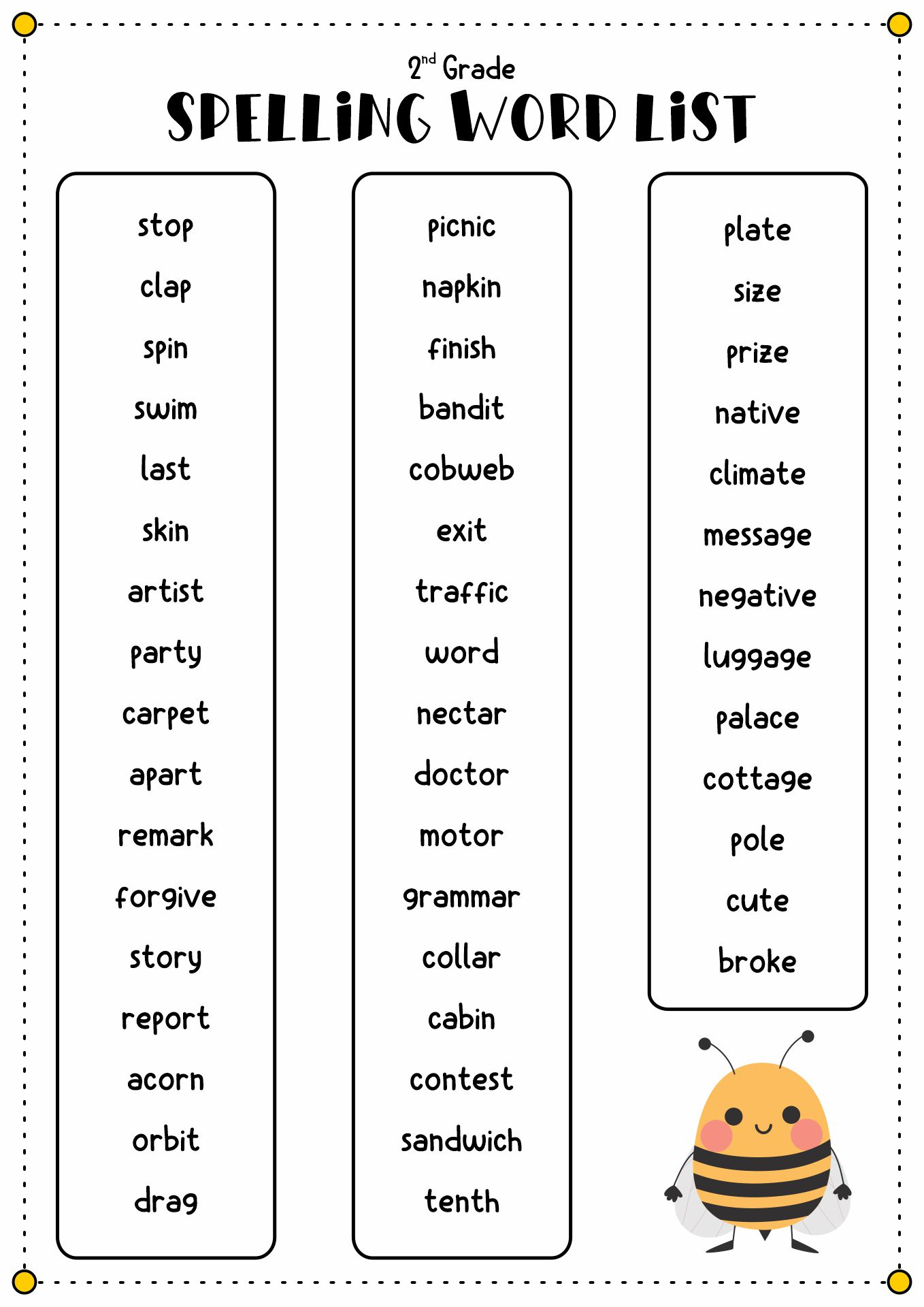Spelling Test For 2nd Graders