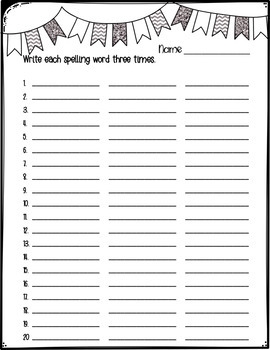 Spelling Word Templates Practice primary 20 Words Weekly Work