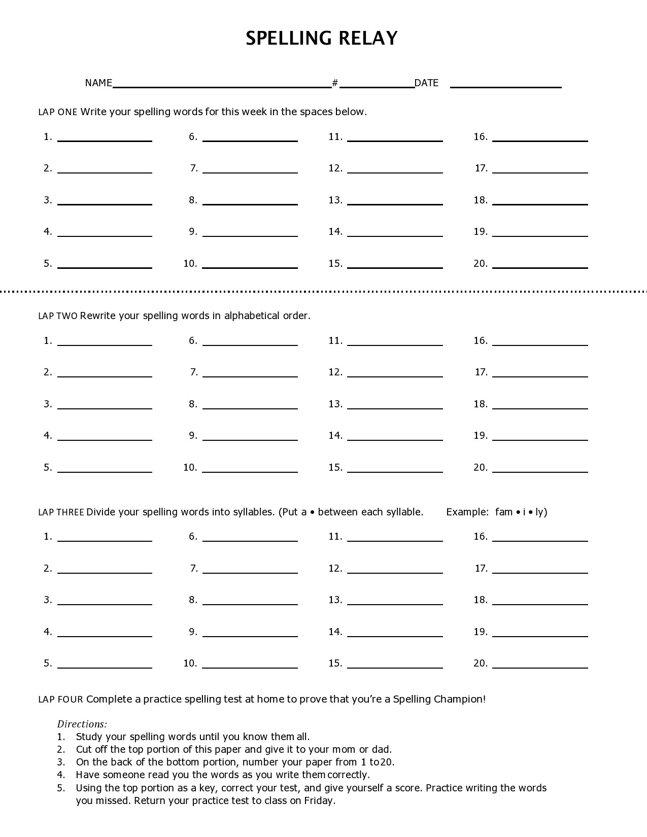Spelling Words Practice Template