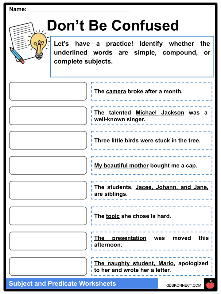 Subject And Predicate Examples And Worksheets KidsKonnect 