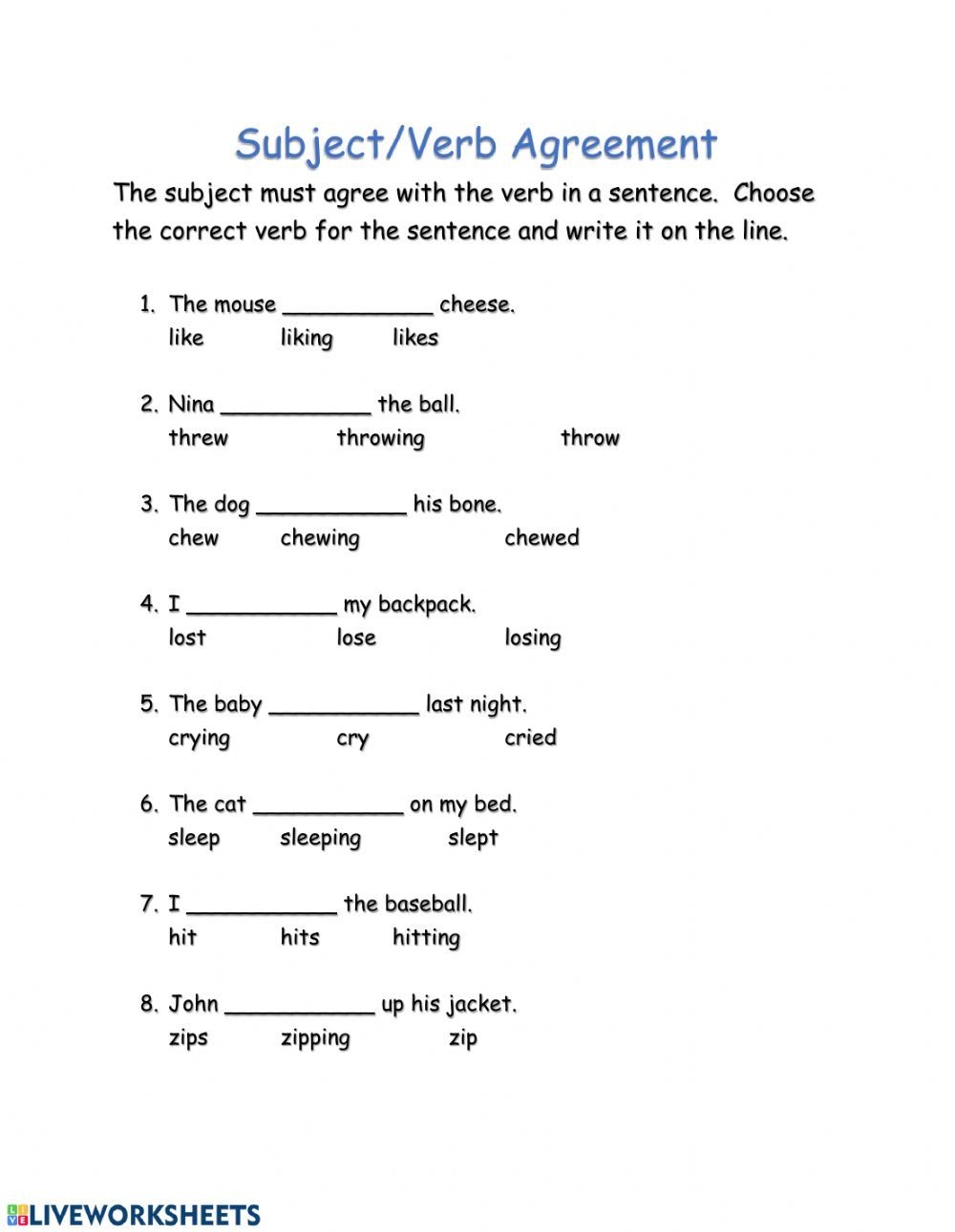 Subject Verb Agreement Examples Worksheets