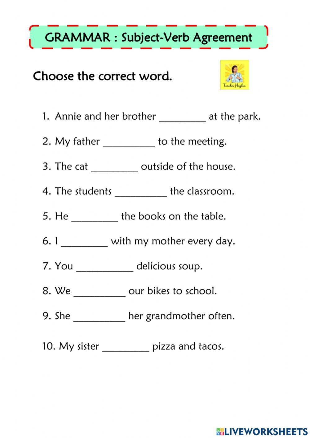 liveworksheet subject verb agreement