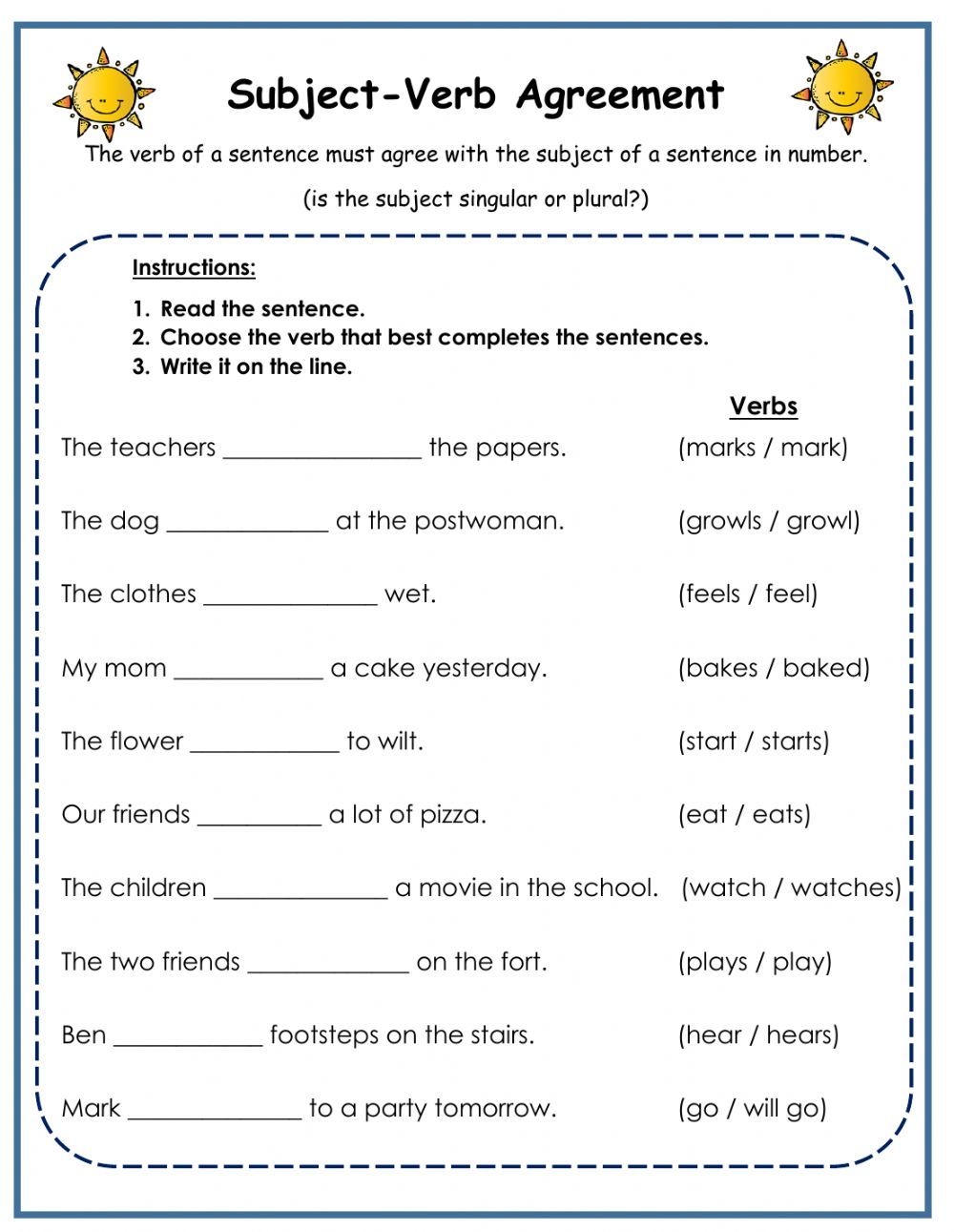 Subject Verb Agreement Worksheet