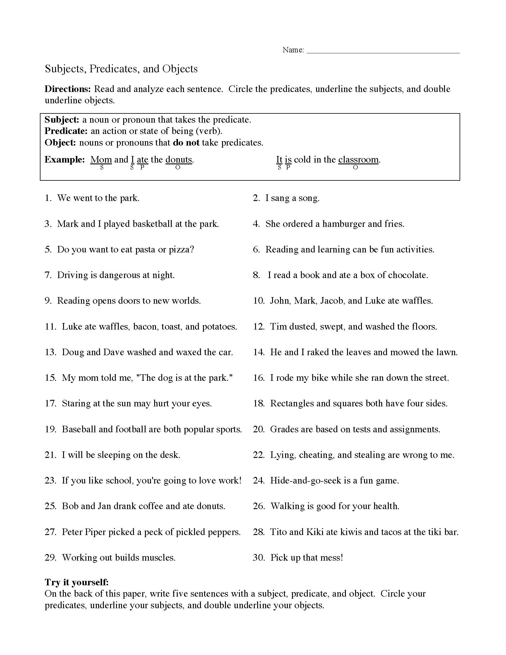 Subjects Predicates And Objects Worksheet 2 Preview