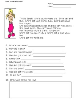 This Is Sarah Simple Reading Comprehension By Isaac Christiansen