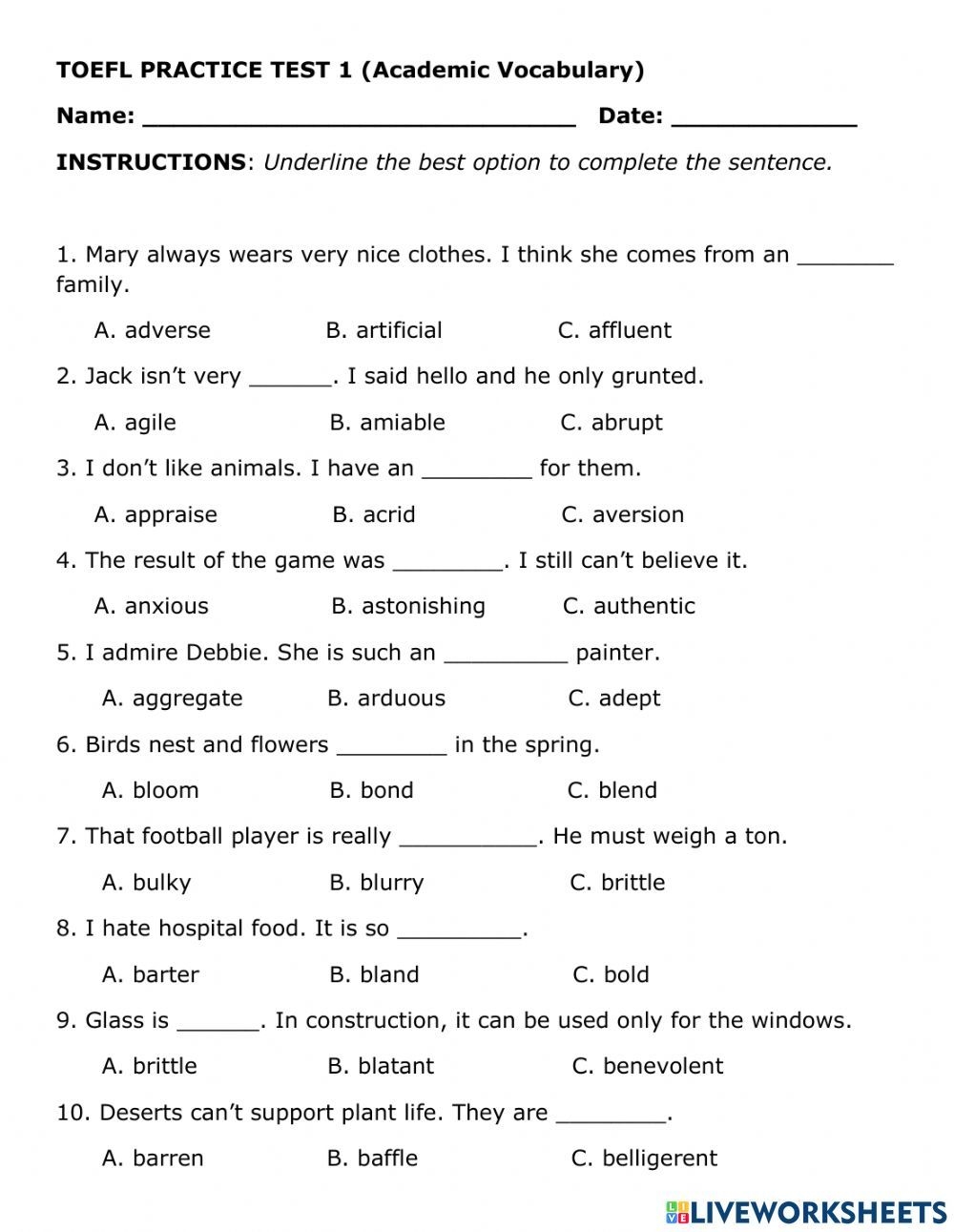 Toefl Vocabulary 1 Worksheet Love Handmade