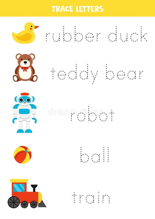 Tracing Names Of Cute Cartoon Toys Writing Practice Tracing Words 