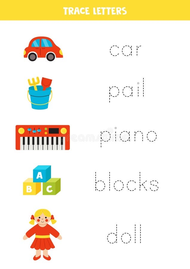 Tracing Names Of Cute Cartoon Toys Writing Practice Tracing Words 