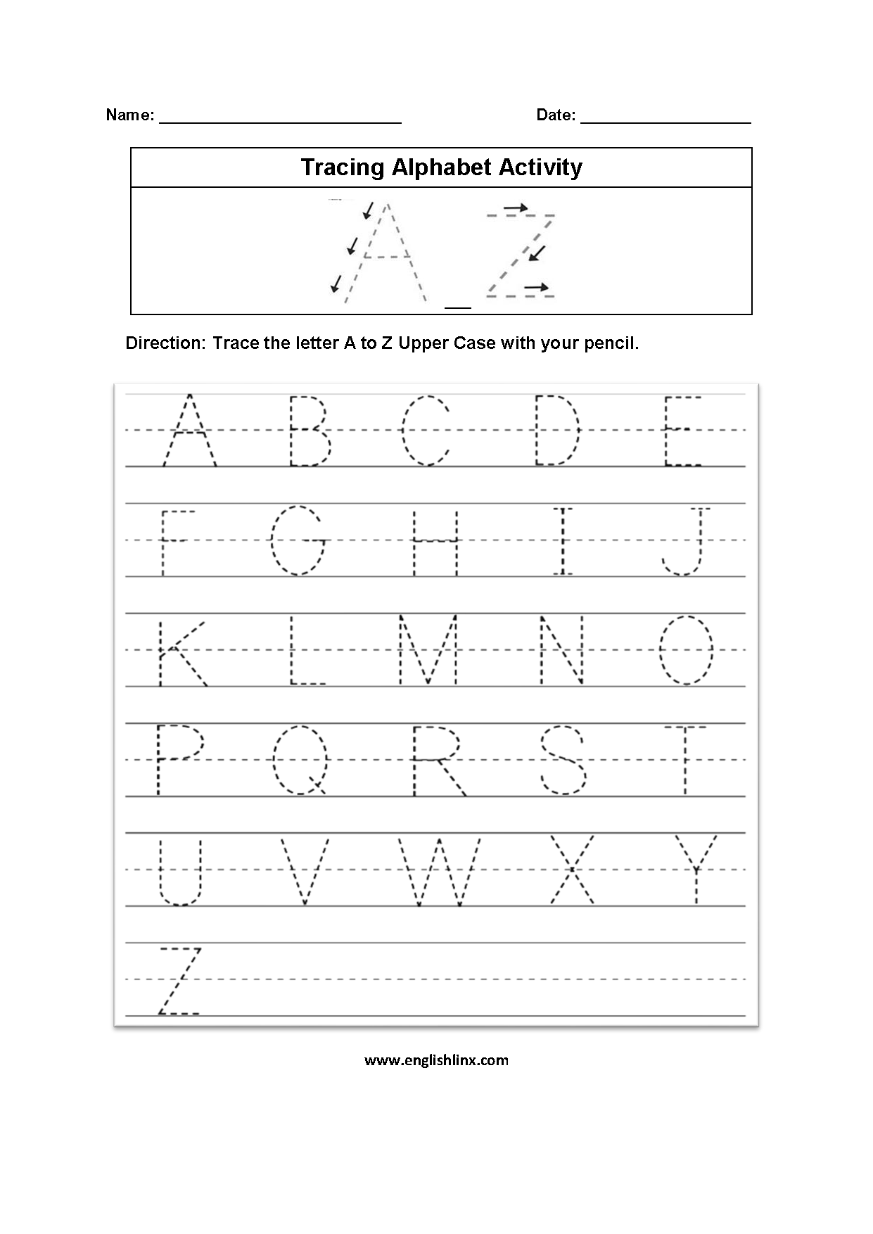 tracing letter a-z worksheet