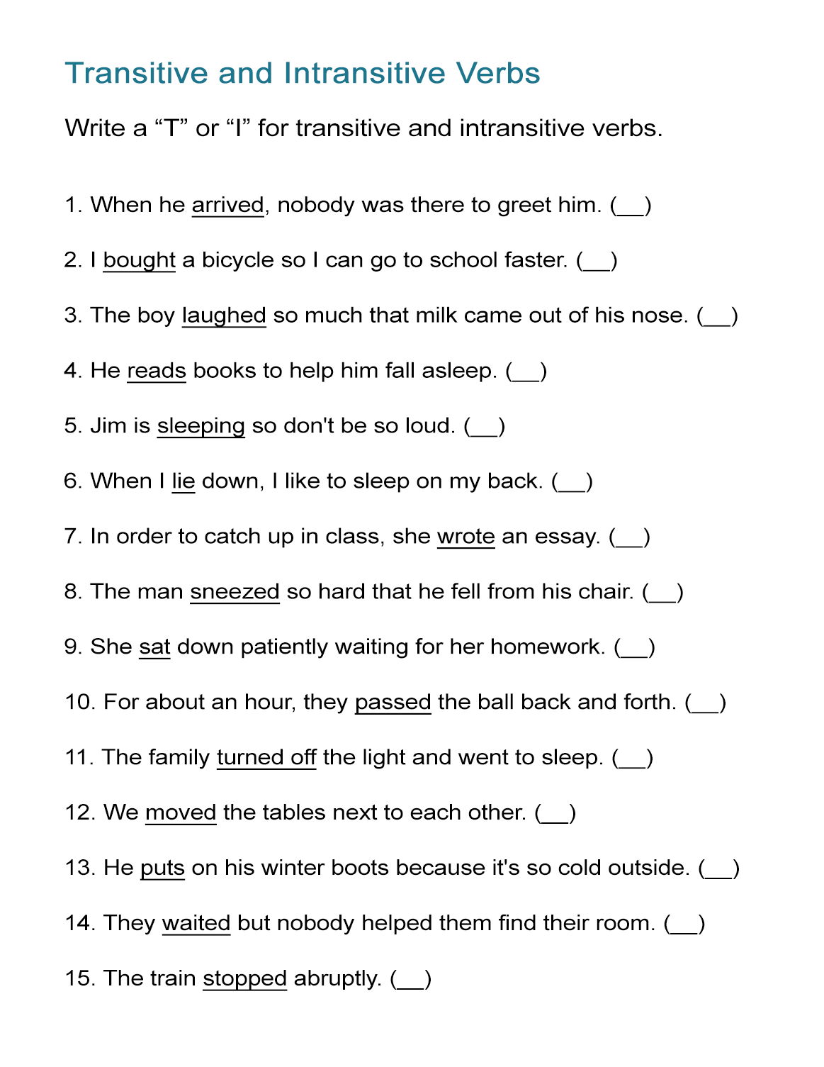 Transitive And Intransitive Verbs Worksheet ALL ESL