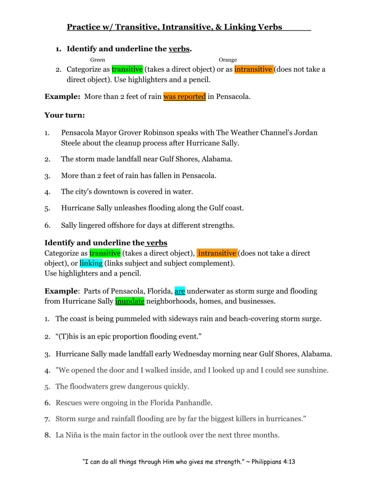 Transitive Intransitive Linking Verb Practice