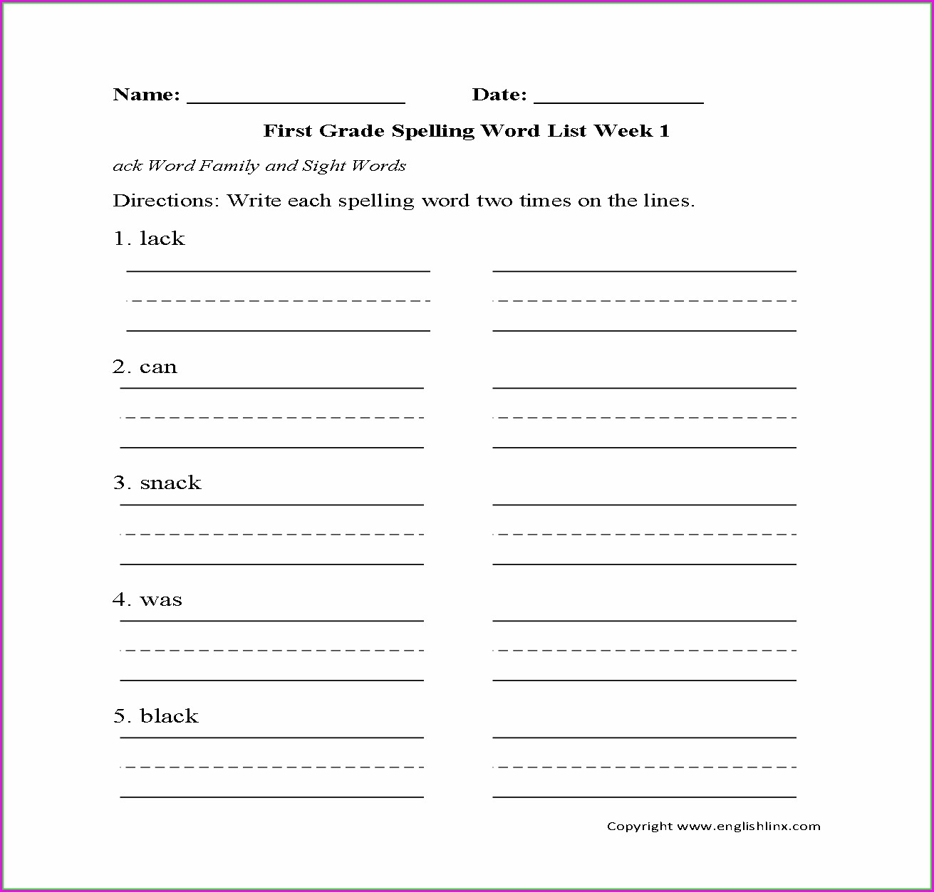 Write Spelling Words 3 Times Each Template Free Printable Calendars 