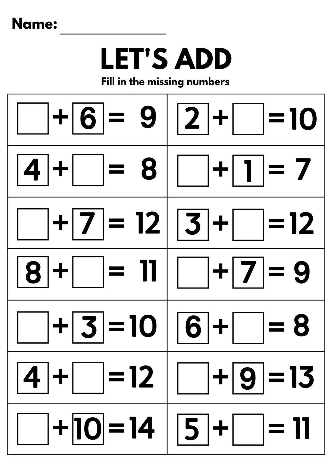 10 Printable Additition Fill In The Blanks Worksheets numbers 1 