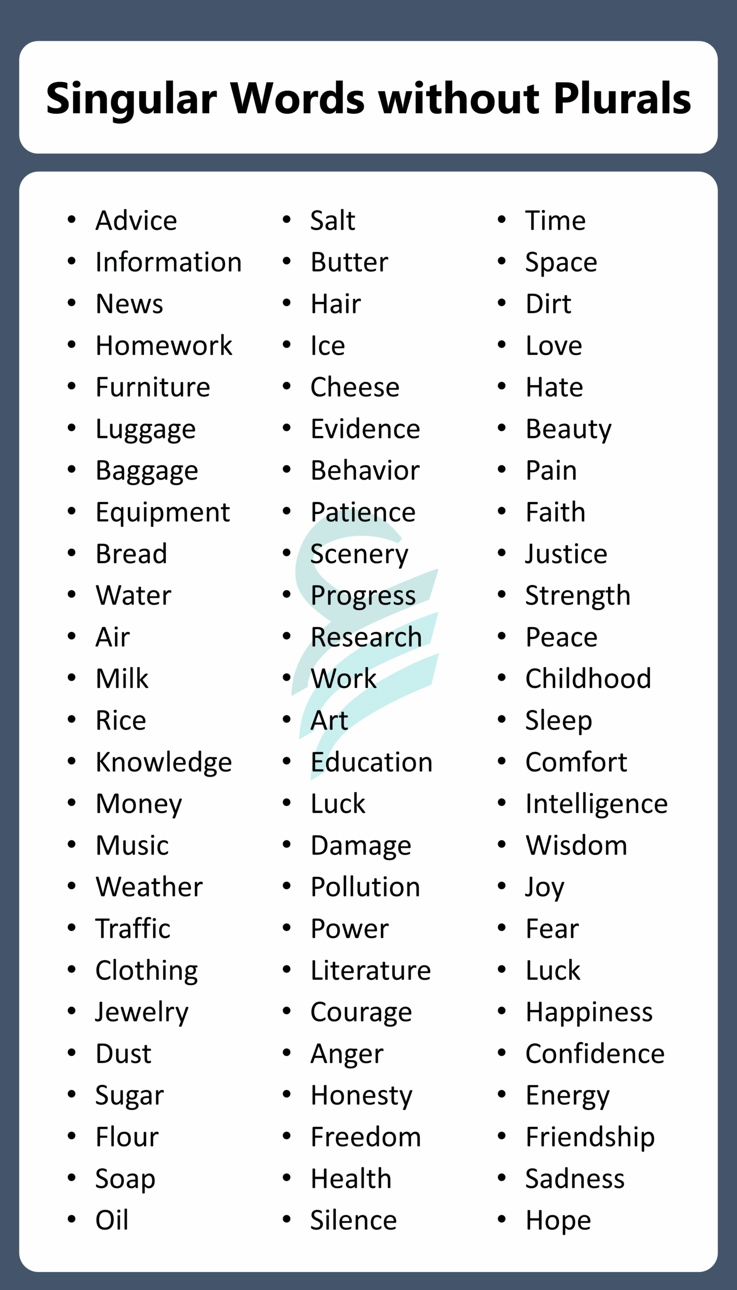 100 Singular Words Without Plural Forms Englishilm