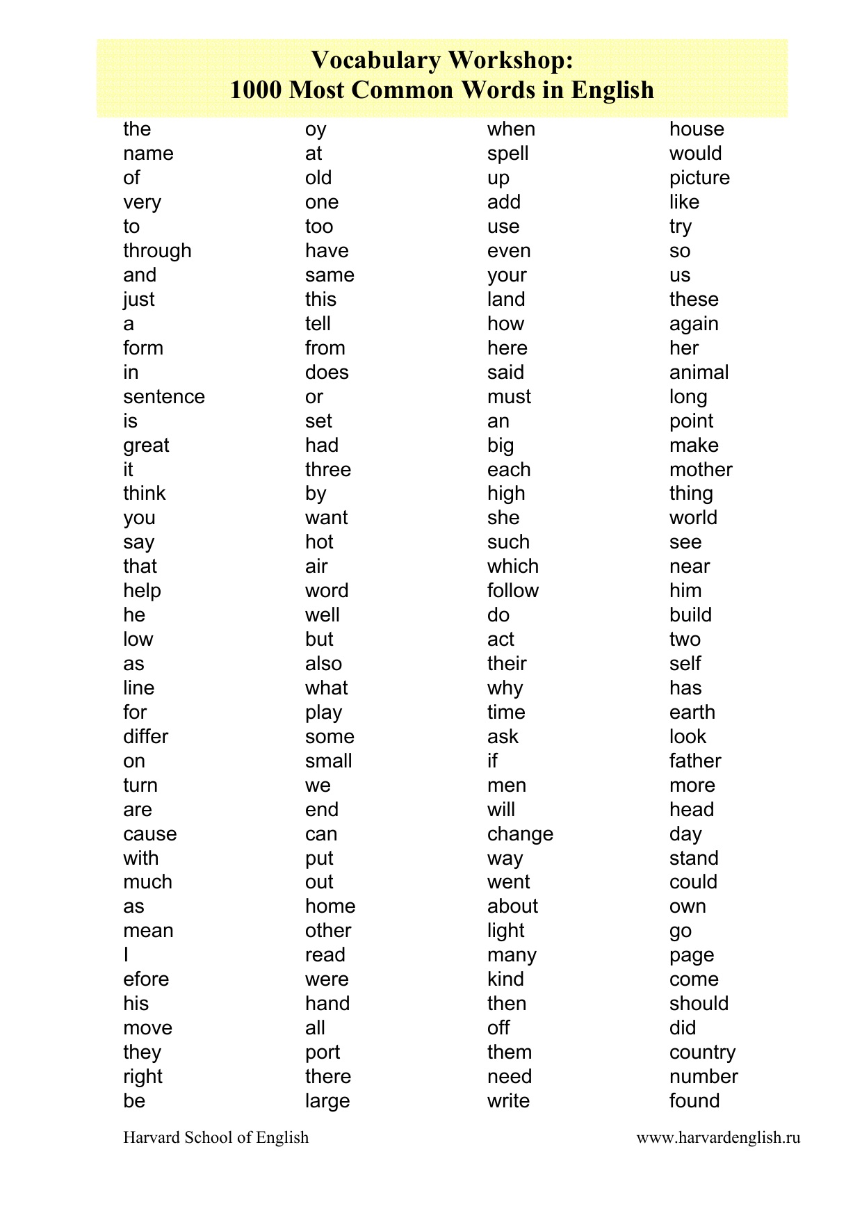1000 Most Common English Words Vocabulary List