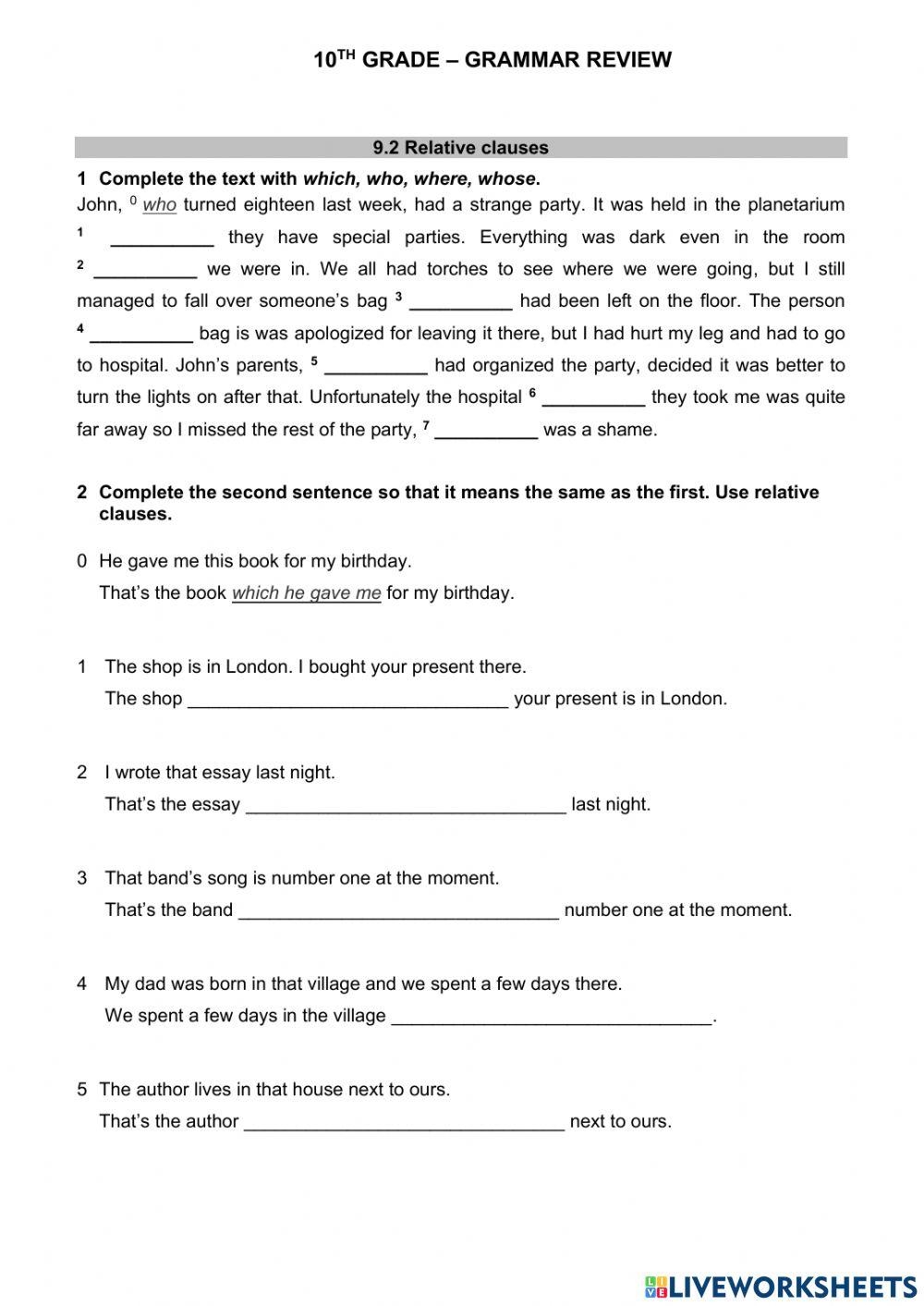 10th Grade Grammar Review Worksheet Live Worksheets 