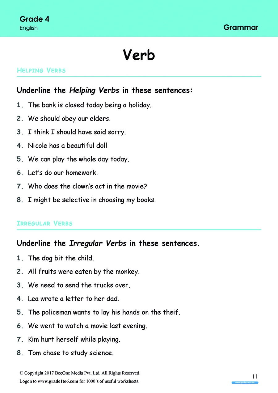 4th grade english worksheets grammar
