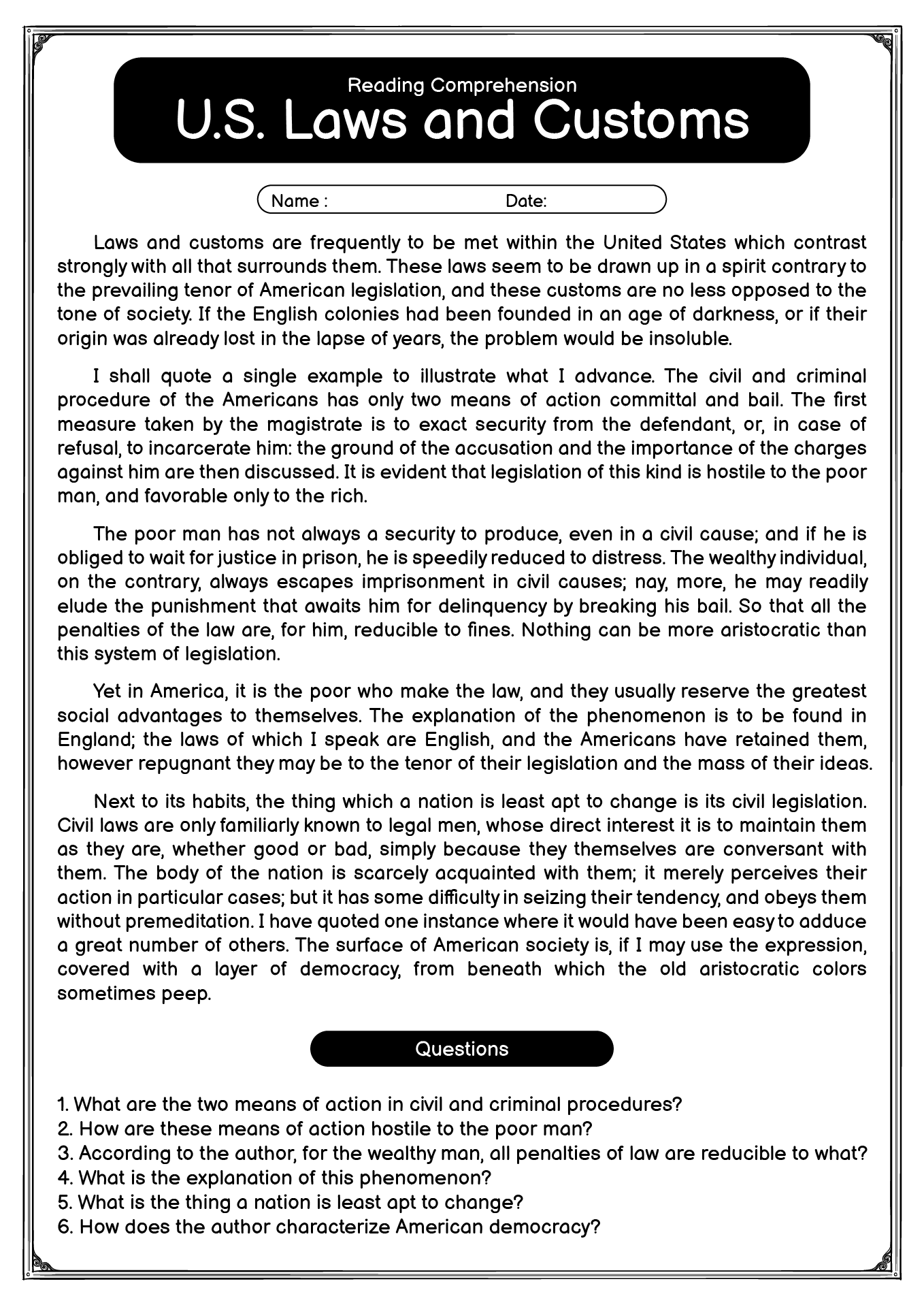 high school reading comprehension worksheets