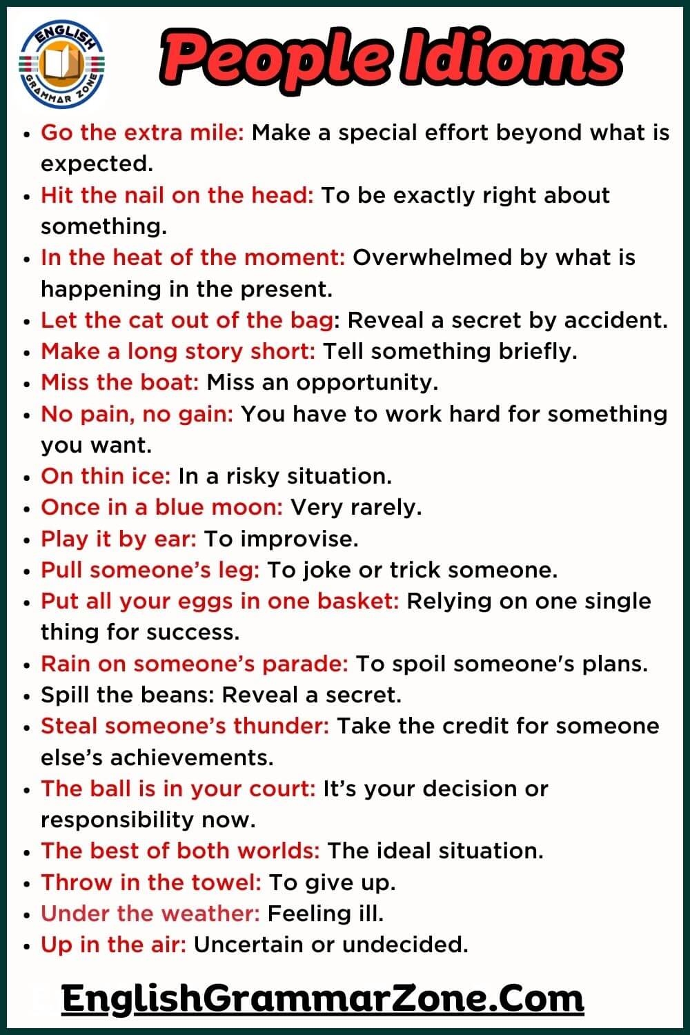 150 People Idioms Lists With Meanings