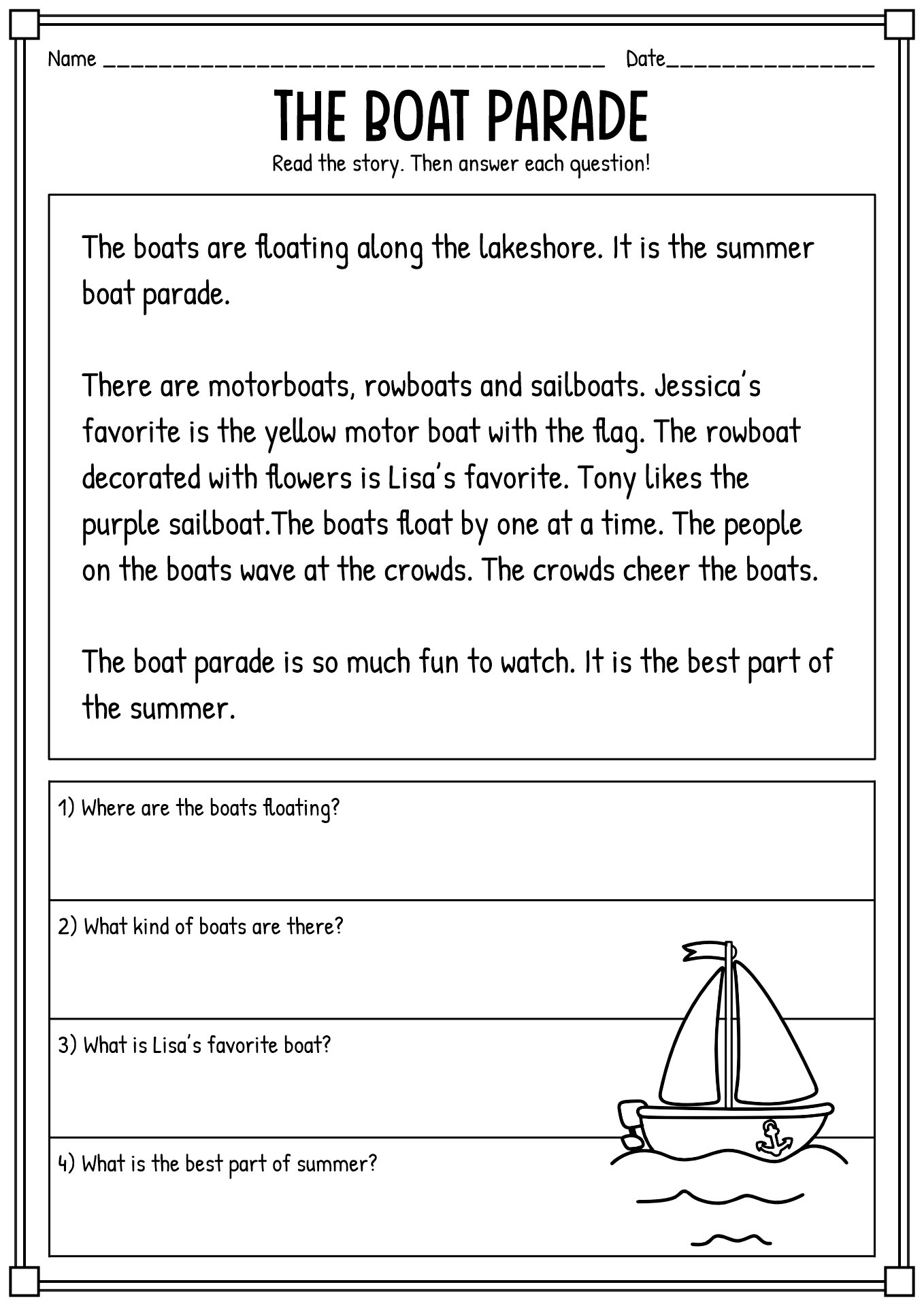 reading comprehension 2nd grade worksheet