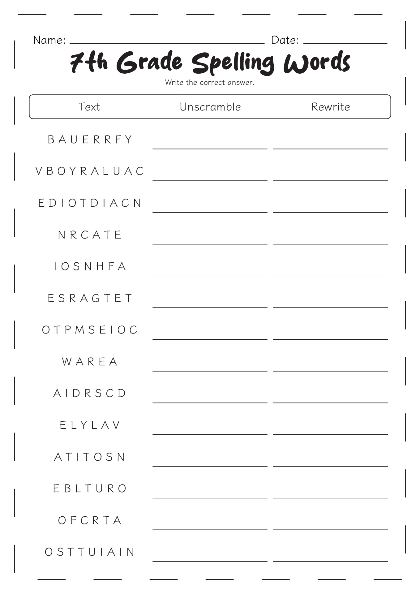 spelling list practice sheet