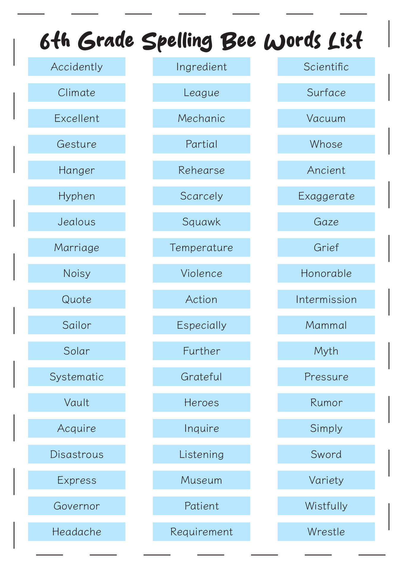 6 grade vocabulary words list