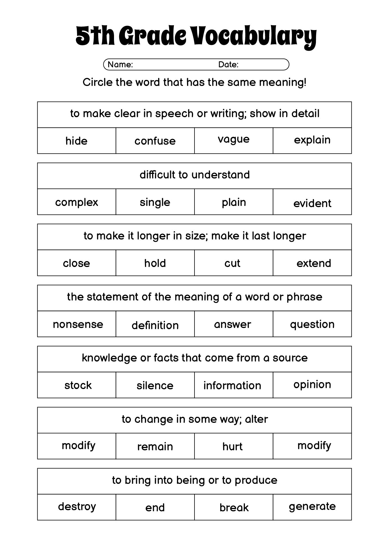 vocabulary words for 5th graders