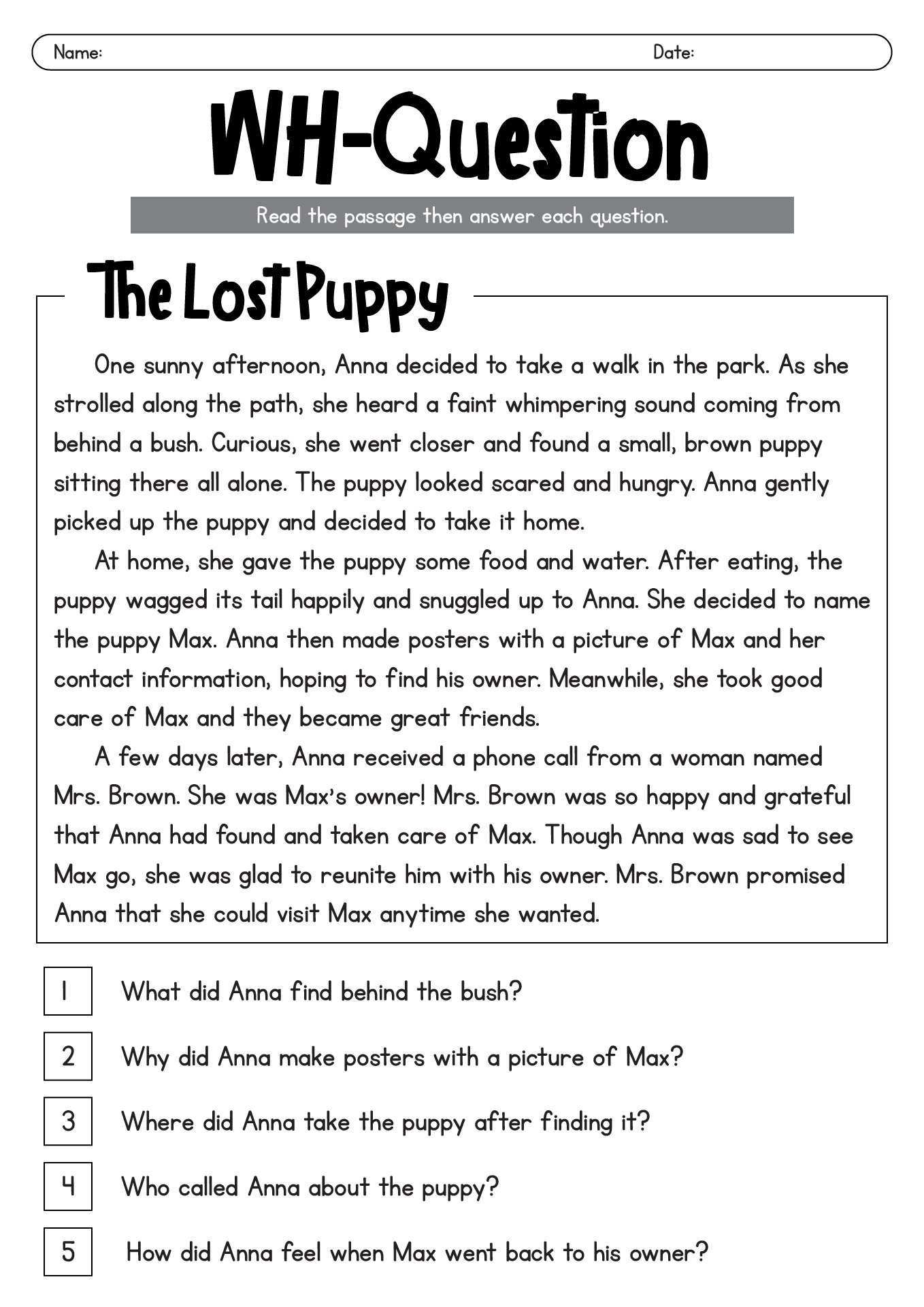 18 Wh Questions Reading Comprehension Worksheets Free PDF At 