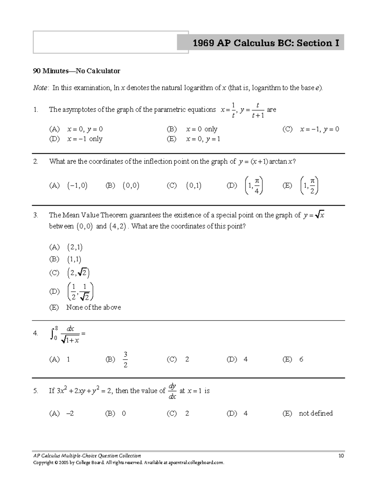 1969 BC MC Exam with Answers AP Calculus Multiple Choice Question Collection 10 1969 AP Calculus Studocu