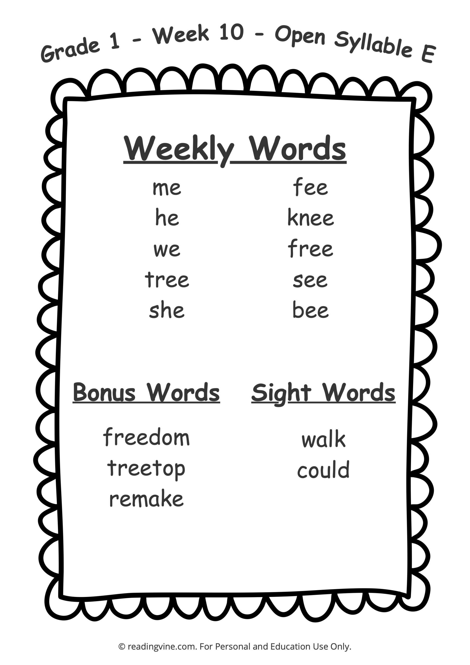 free printable 1st grade words