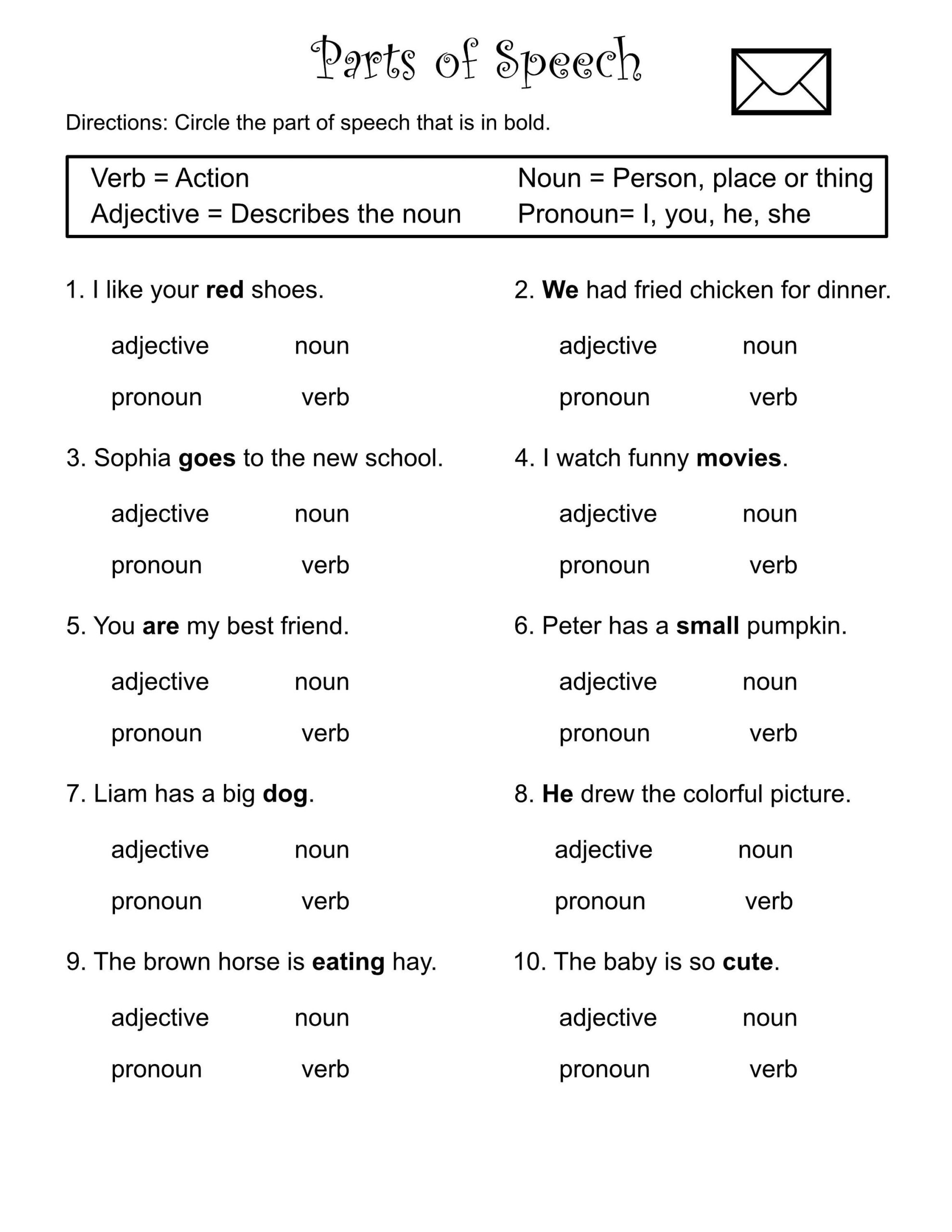 1st Through 3rd Grade parts Of Speech worksheets verbs nouns adjectives pronouns printable Etsy