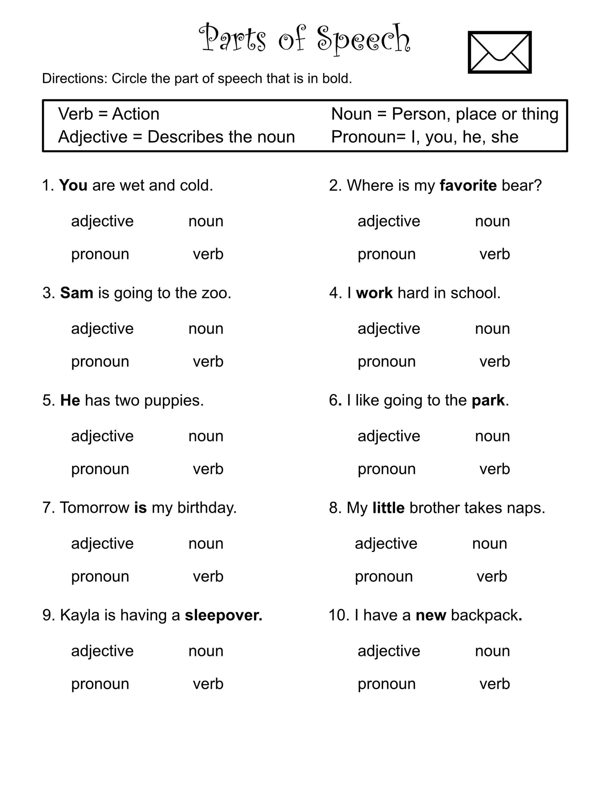 1st Through 3rd Grade parts Of Speech worksheets verbs nouns adjectives Pronouns printable Etsy