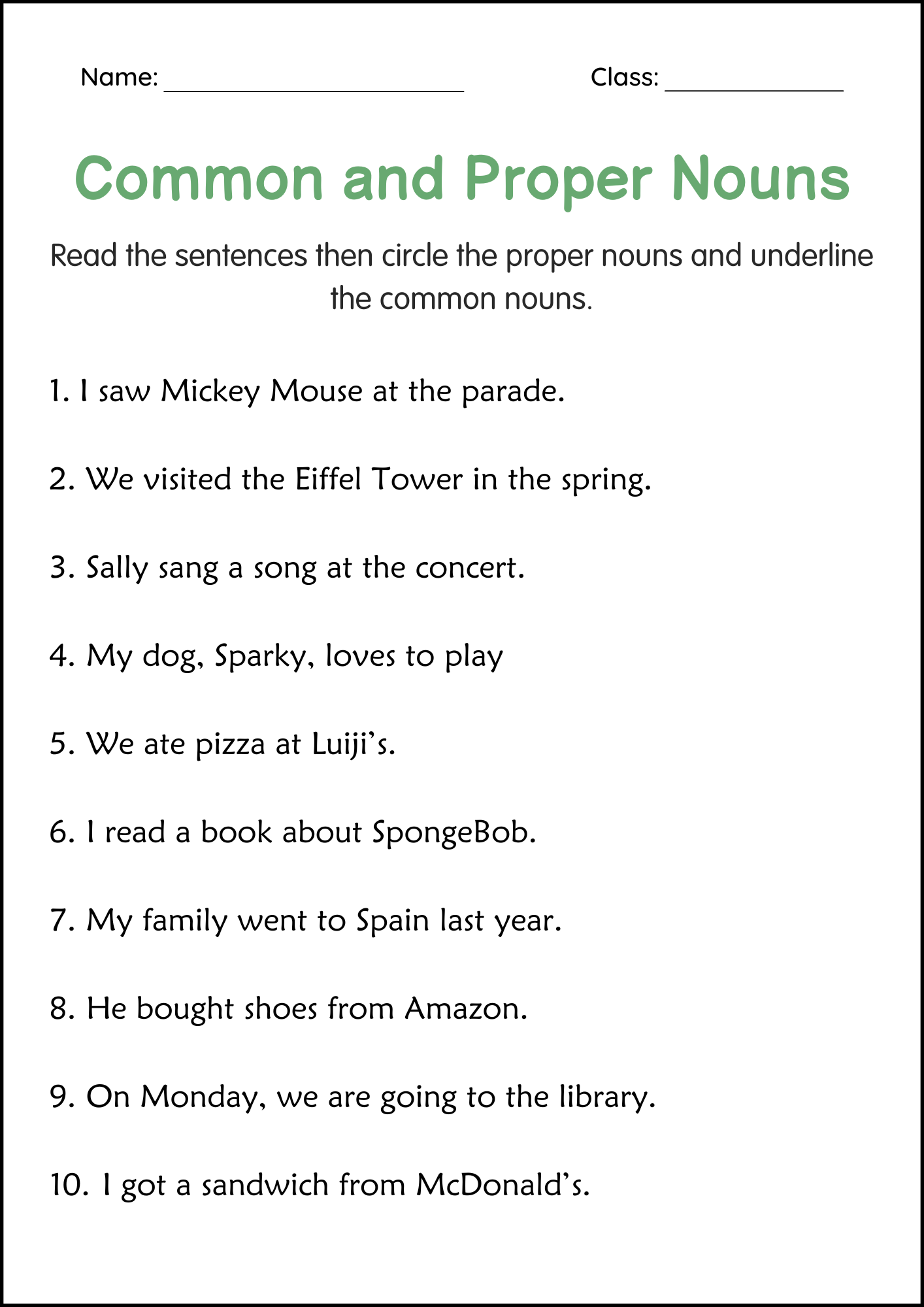 common and proper nouns worksheet for class 3