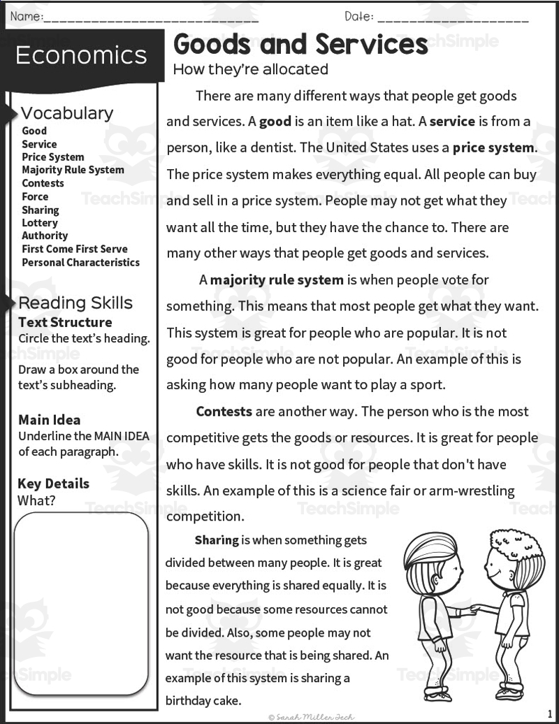 2nd Grade Reading Packet Goods And Services