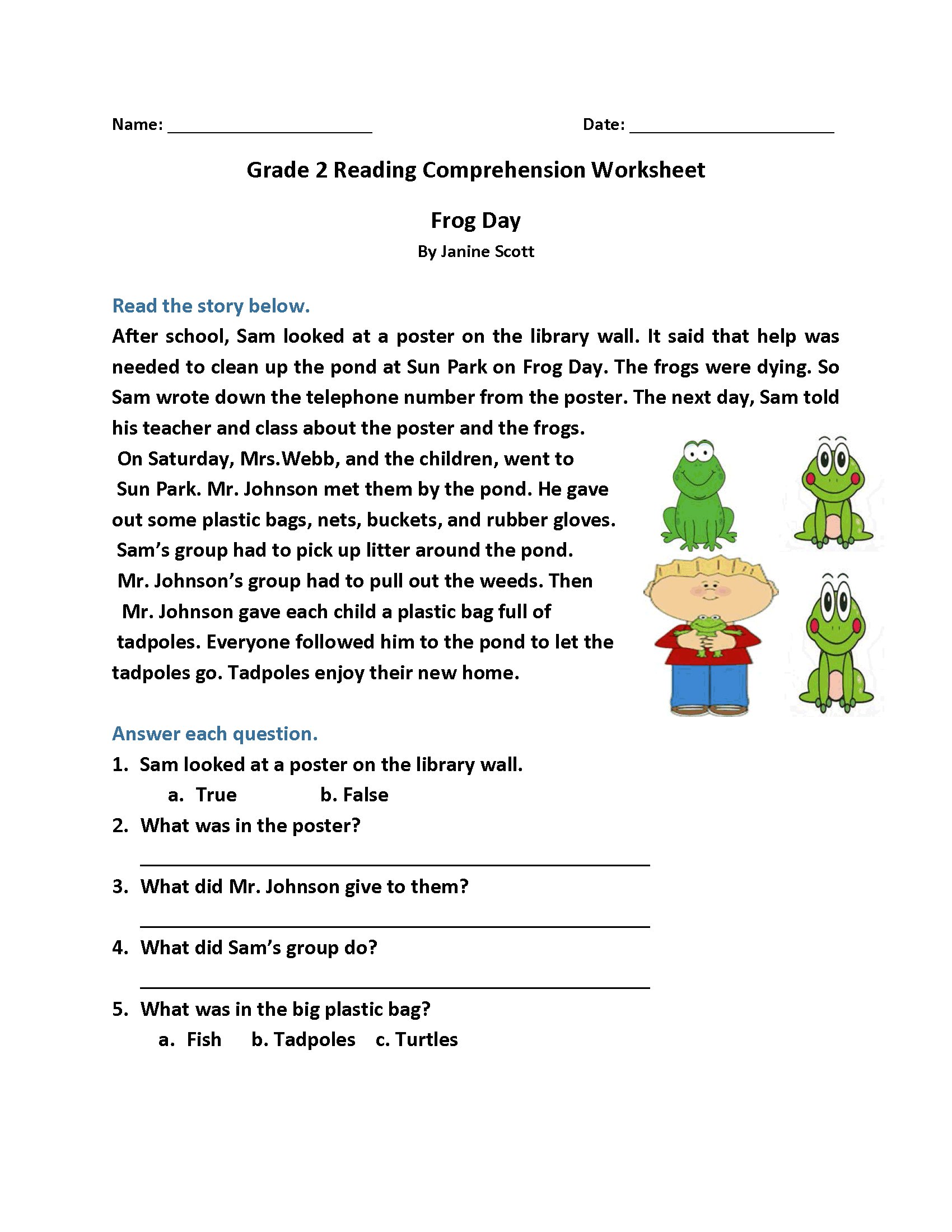 worksheet reading comprehension grade 2