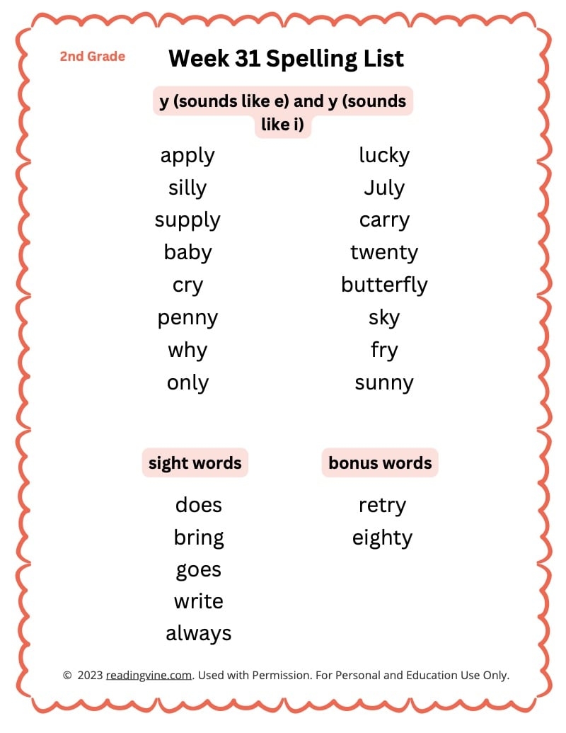 2nd Grade Spelling Words Full 31 Week Curriculum