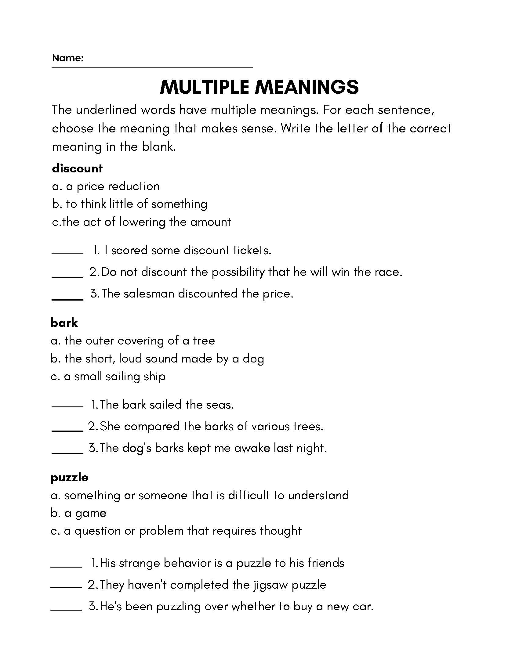 2nd grade vocabulary worksheets