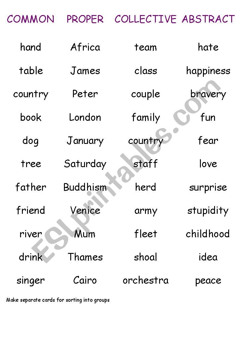 worksheets for noun types