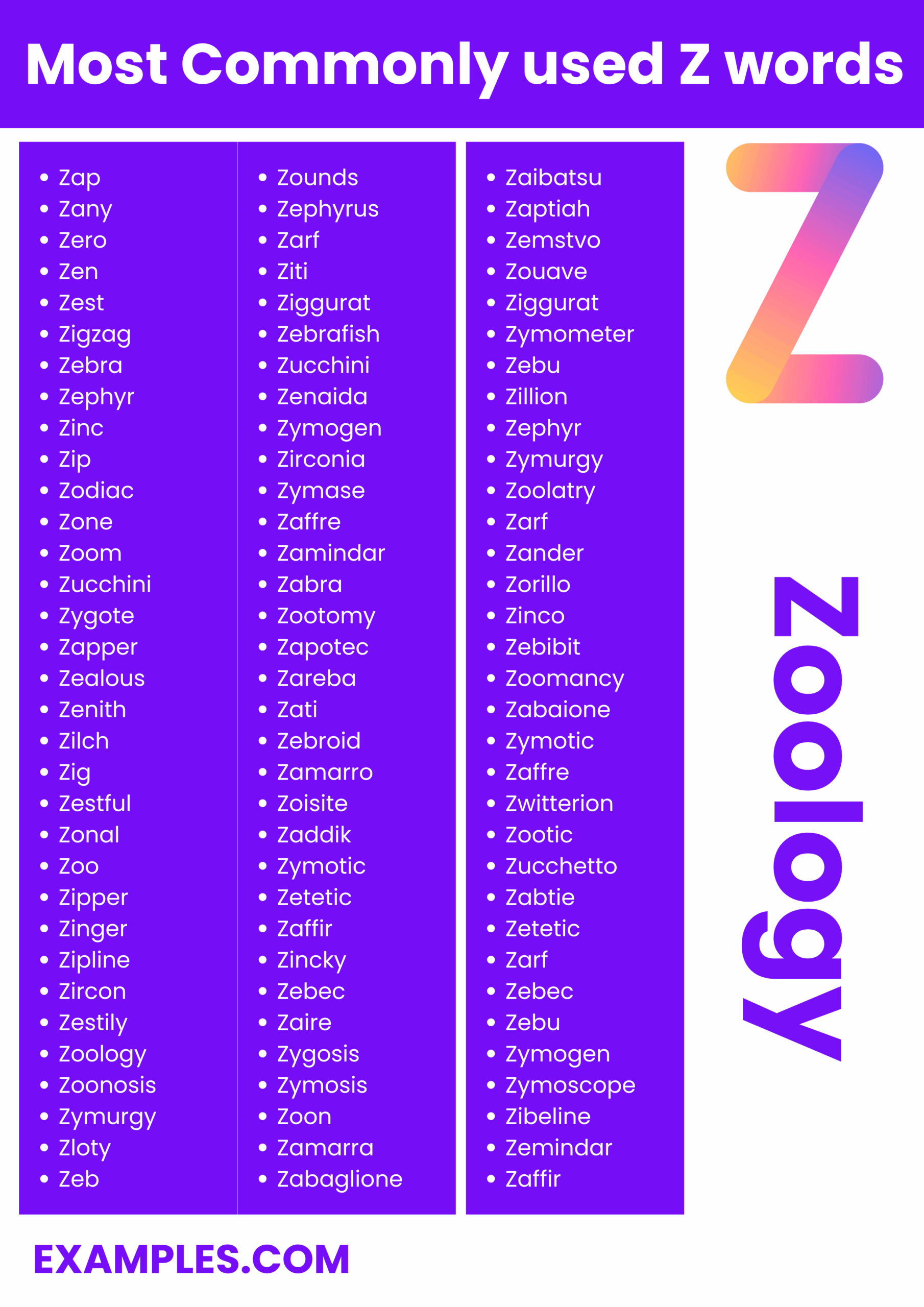 450 Z Words List Meaning PDF
