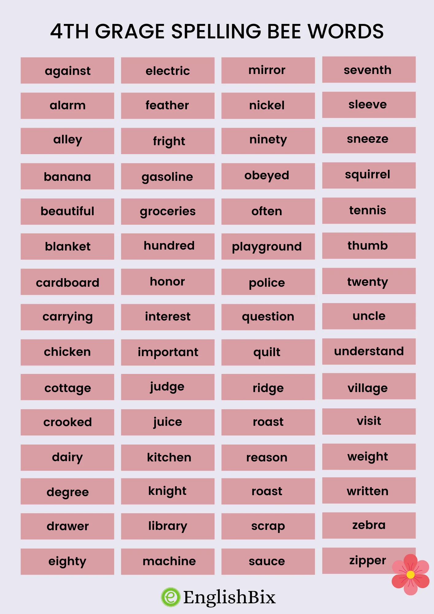 4th Grade Spelling Bee Vocabulary Words EnglishBix
