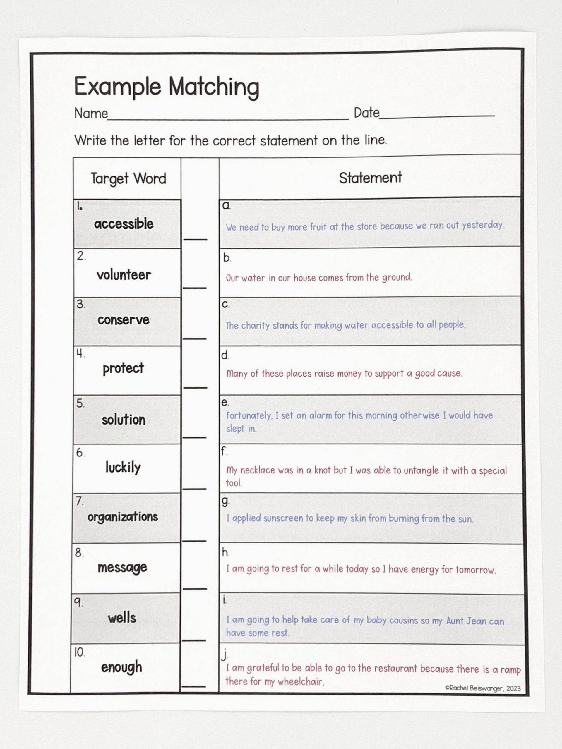 5 vocabulary words with sentence
