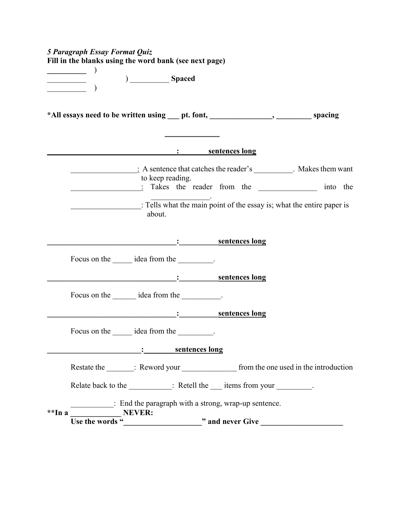 5 Paragraph Essay Format Quiz