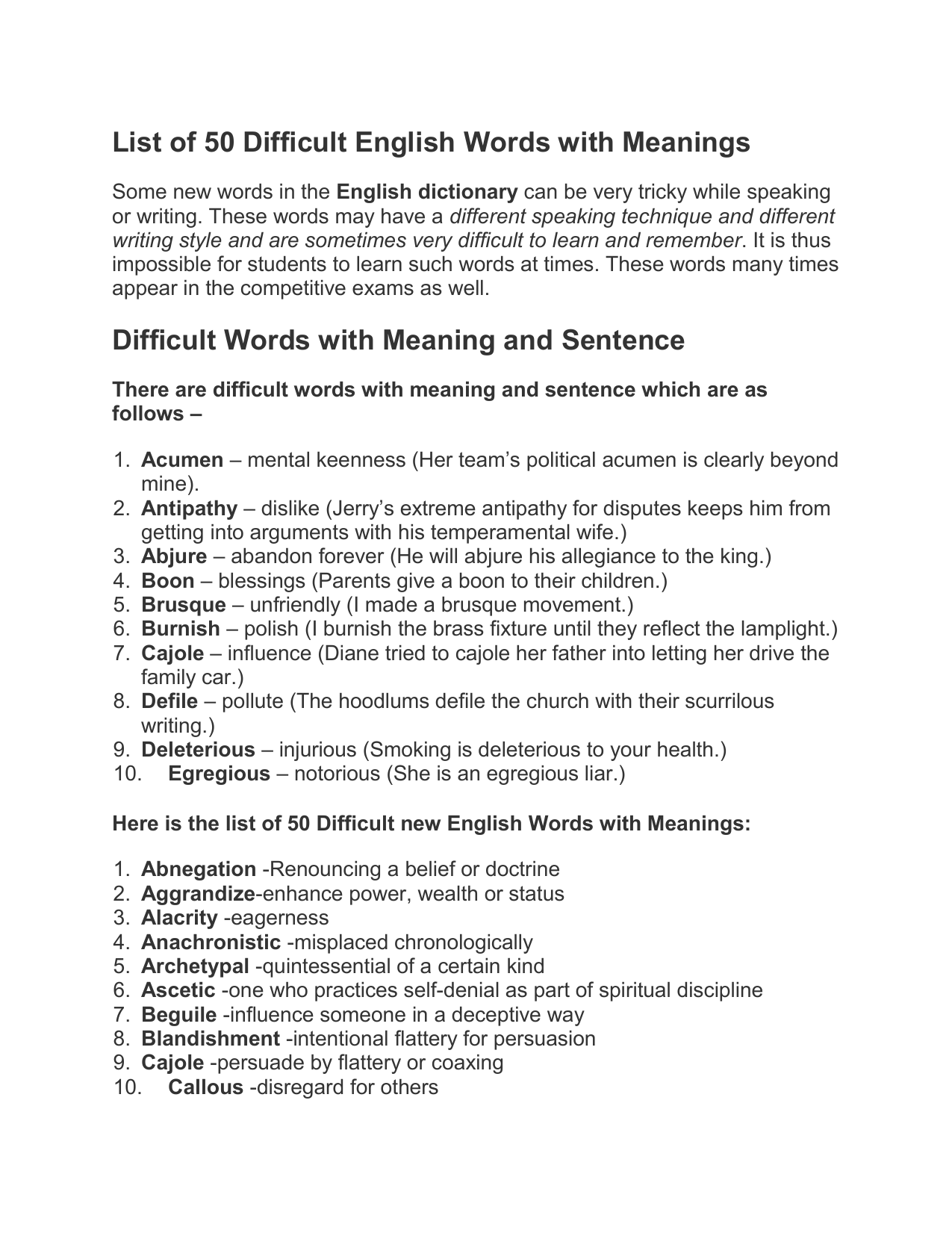 50 new words with sentence