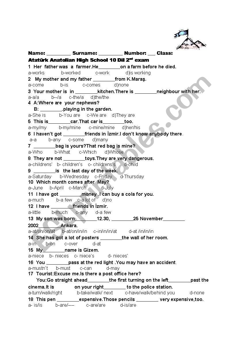 50 question Elementary Multiple Choice Exam ESL Worksheet By Halildurak