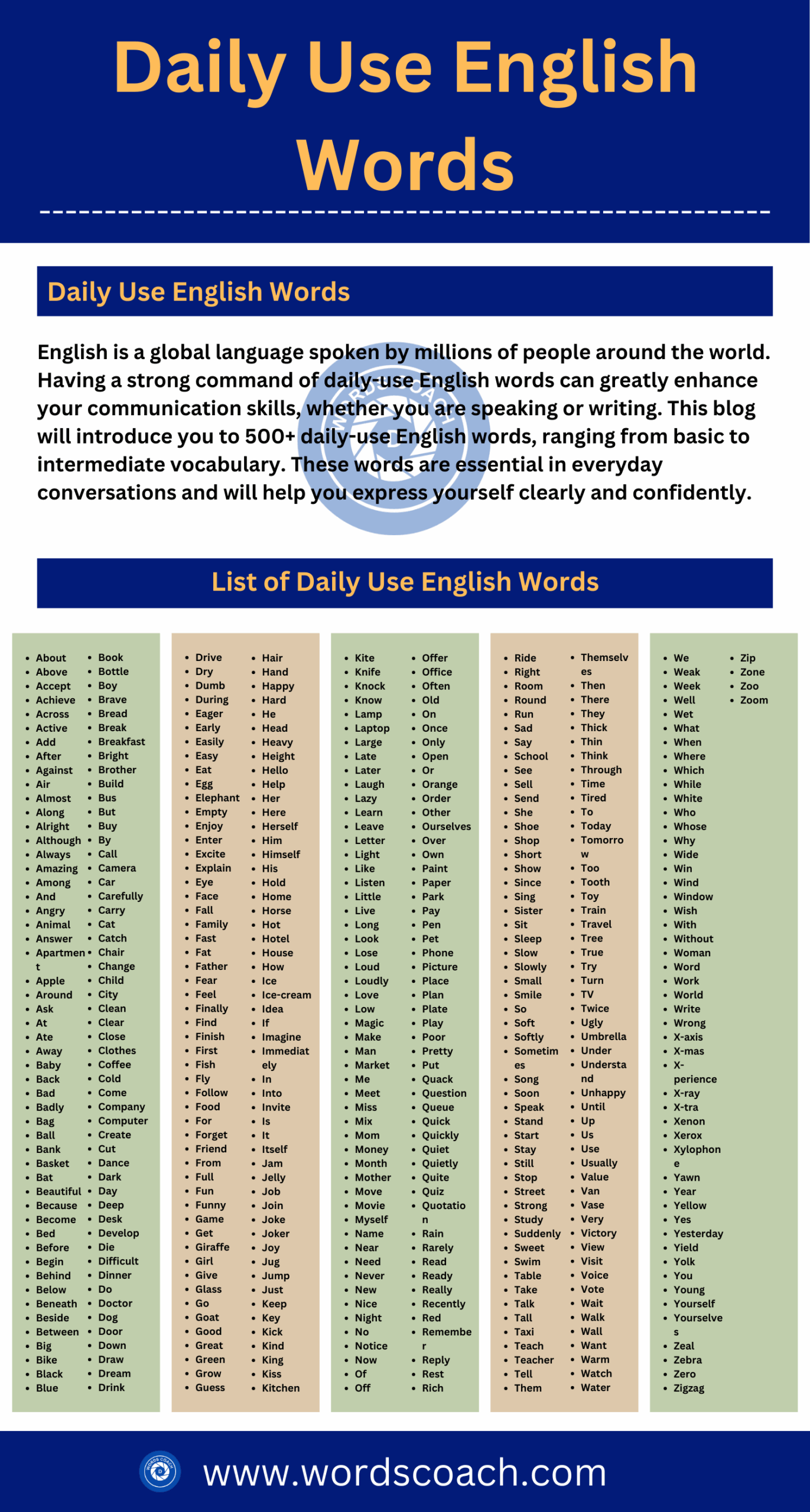 daily use vocabulary words with meaning