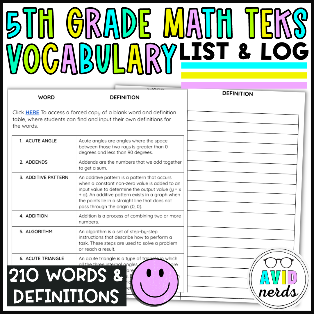 5th Grade Math TEKS Vocabulary List With Definitions And Log 