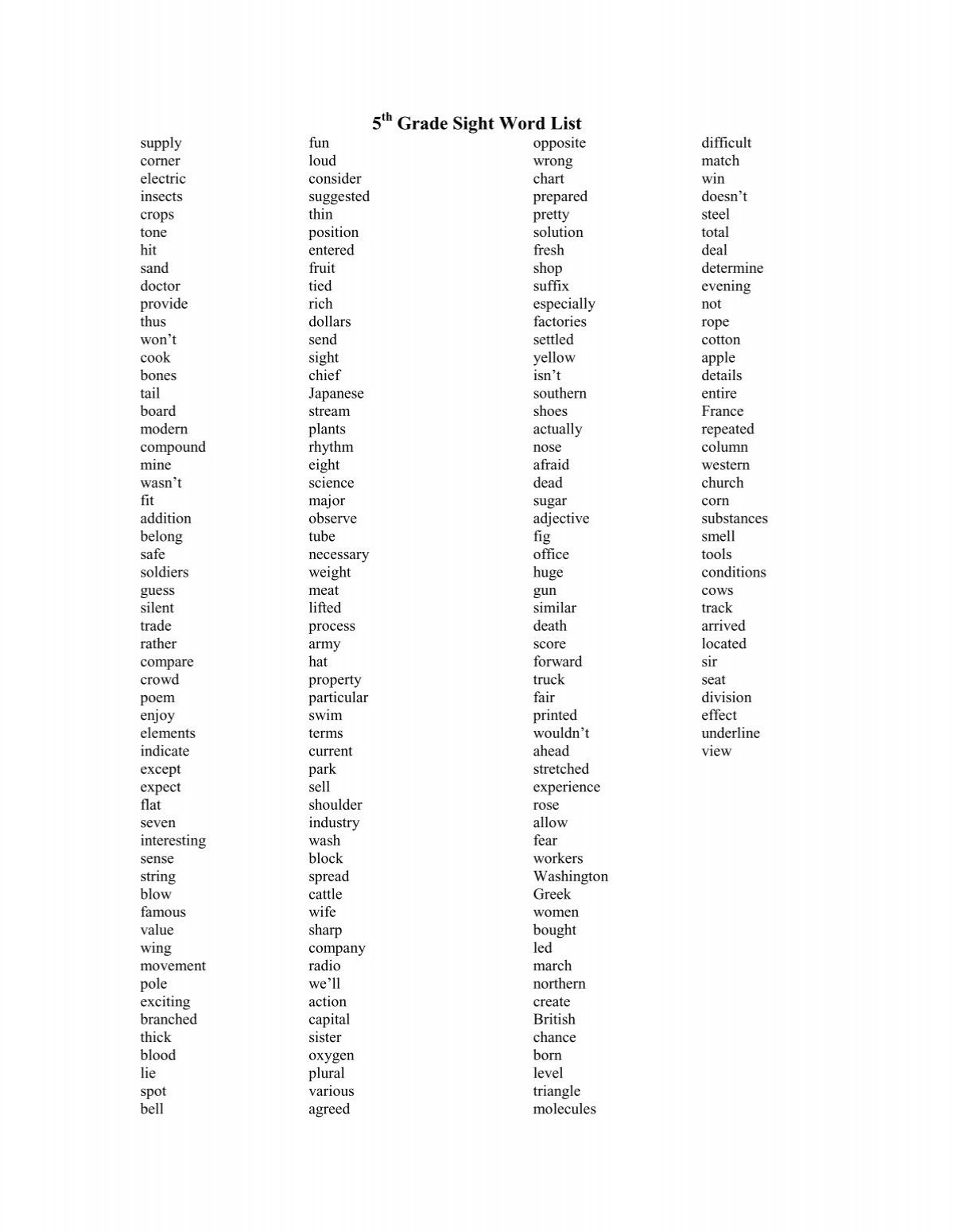 5th Grade Sight Word List