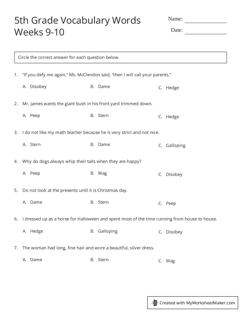 5th grade vocabulary words worksheet